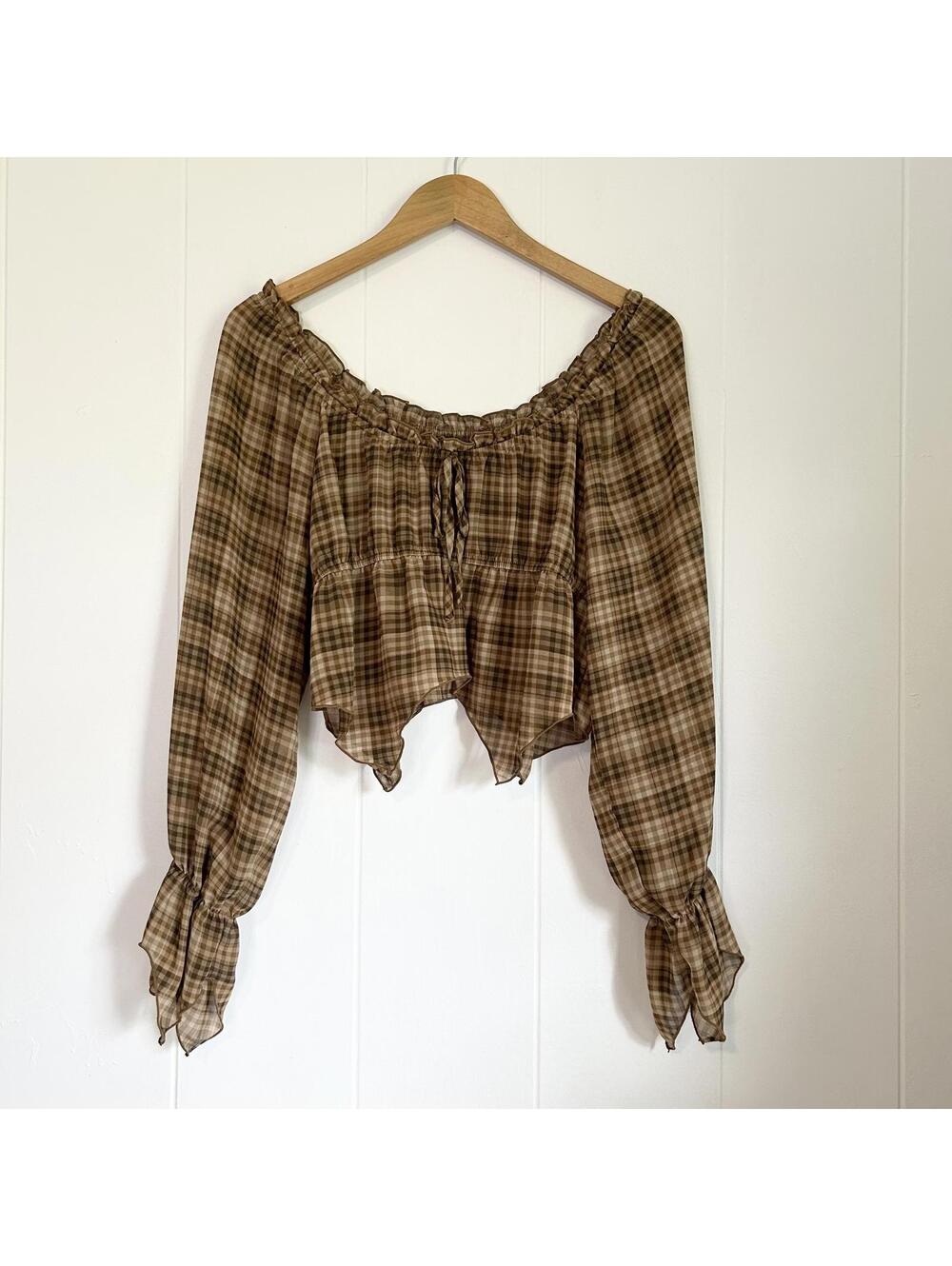 Forever 21 F21 Brown Checkered Fairy Cottagecore Sheer Blouse Top Women's Large